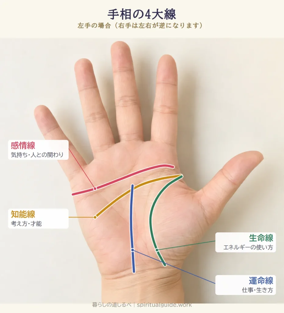 手相の4大線。左手の生命線・知能線・感情線・運命線の場所