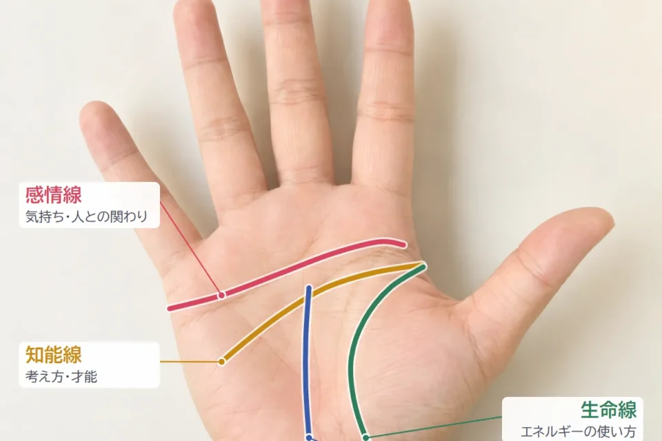 手相の4大線。左手の生命線・知能線・感情線・運命線の場所